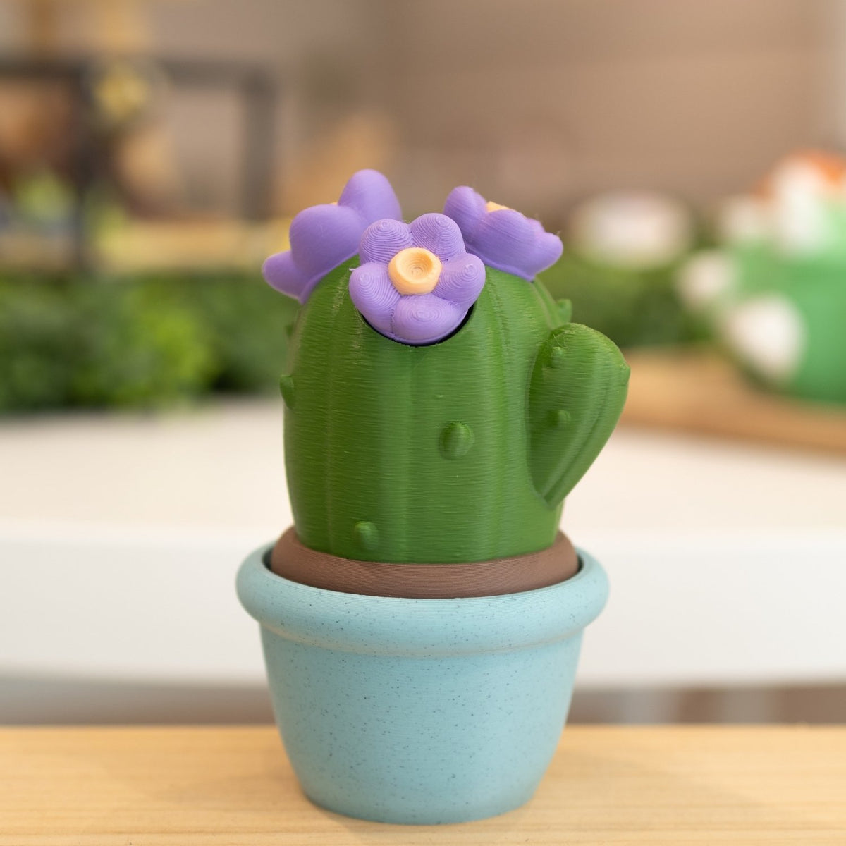 Boîte cactus 3D pot bleu vert foncé, fleurs mauve