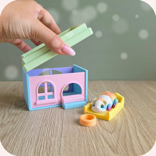 Maisonnette imprimée en 3D et sa figurine cochon d'inde kawaii