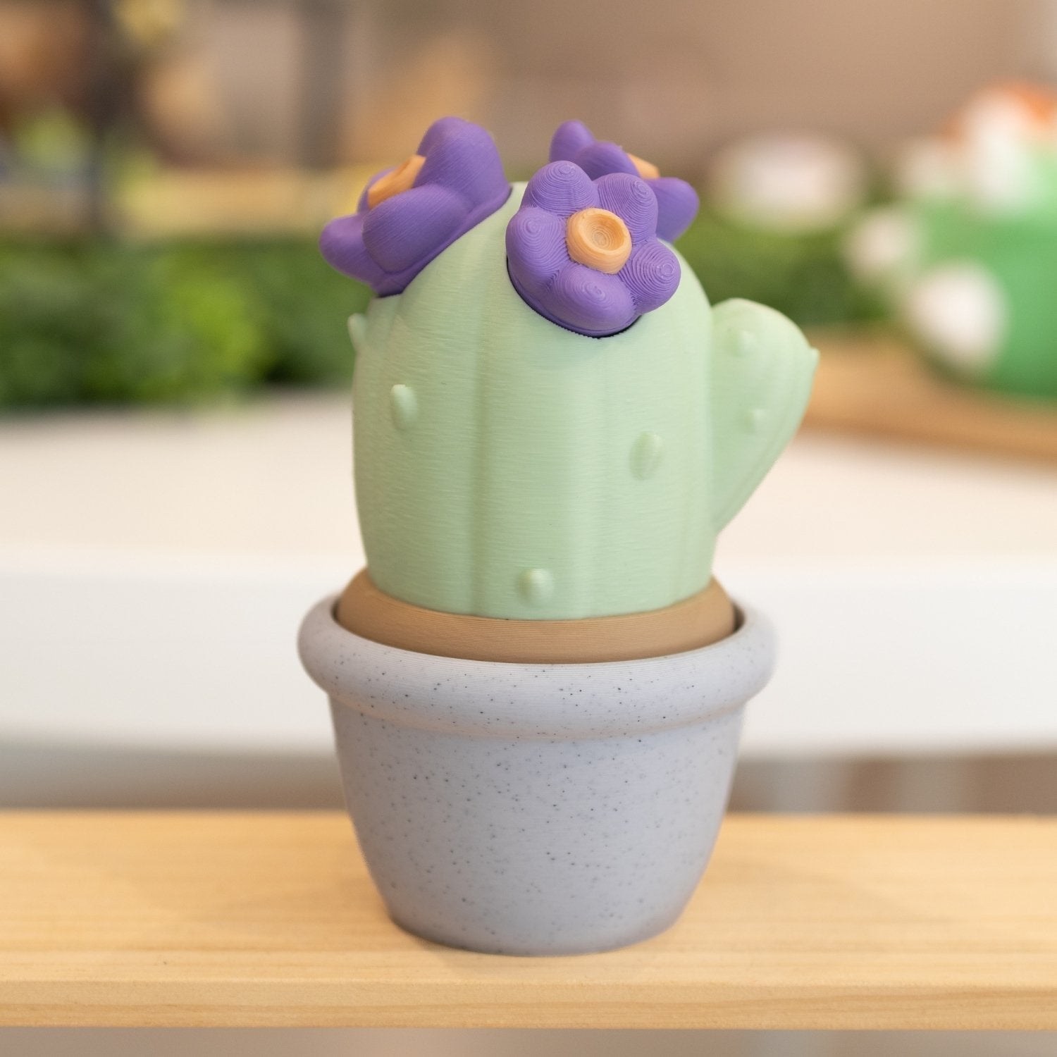 Boîte cactus 3D pot blanc, vert clair et fleurs mauves