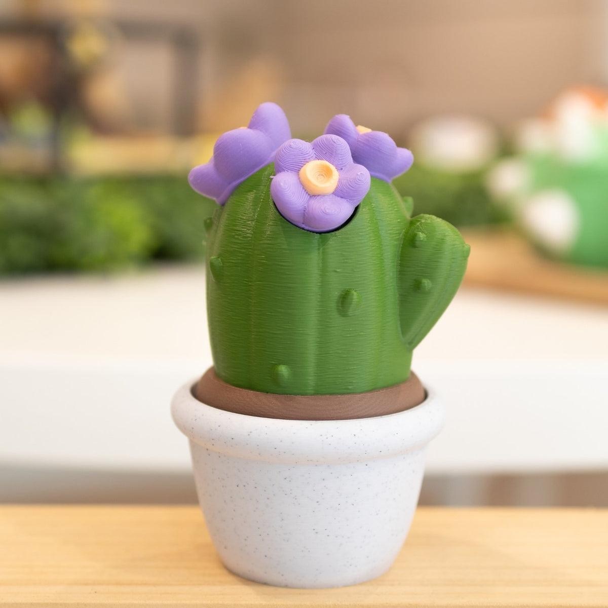 Boîte cactus 3D pot blanc, vert foncé et fleurs mauves