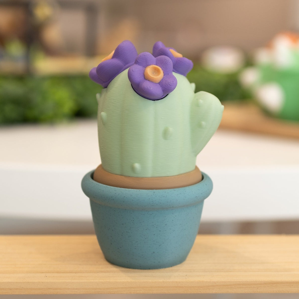 Boîte cactus 3D pot bleu vert clair et fleurs mauves