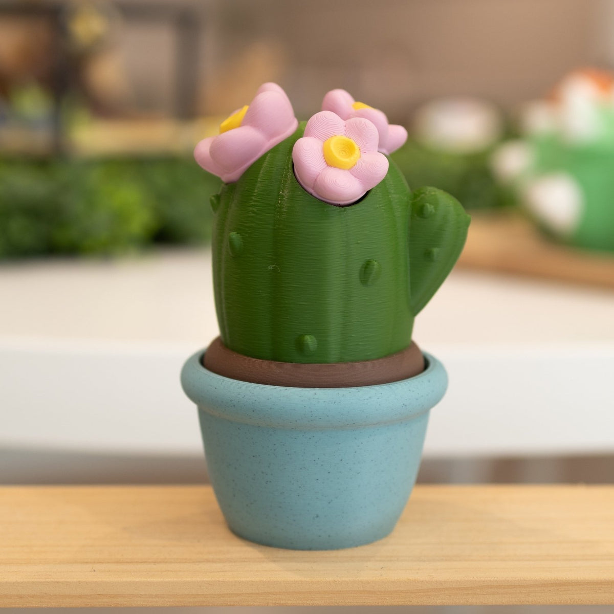Boîte cactus 3D pot bleu vert foncé et fleurs roses