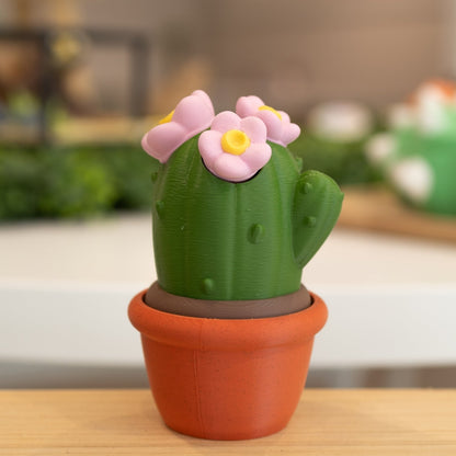 Boîte cactus 3D pot brique vert foncé, fleurs roses