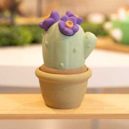 Boîte cactus 3D pot sable vert clair et fleurs mauves