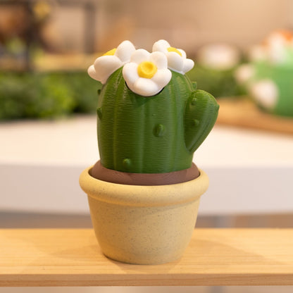Boîte cactus 3D pot sable vert foncé fleurs blanches