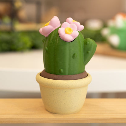 Boîte cactus 3D pot sable vert foncé et fleurs roses
