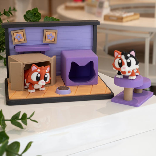Diorama 3D maison chats, imprimé à Cognac. Avec ses deux figurines kawaii.