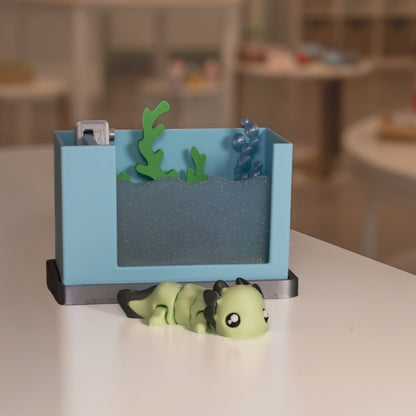 Figurine axolotl kawaii vert et aquarium 3D. Figurine articulée imprimée en 3D à Cognac