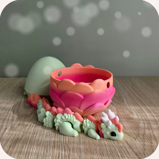 Figurine bébé dragon 3D articulée, verte et orange et son oeuf
