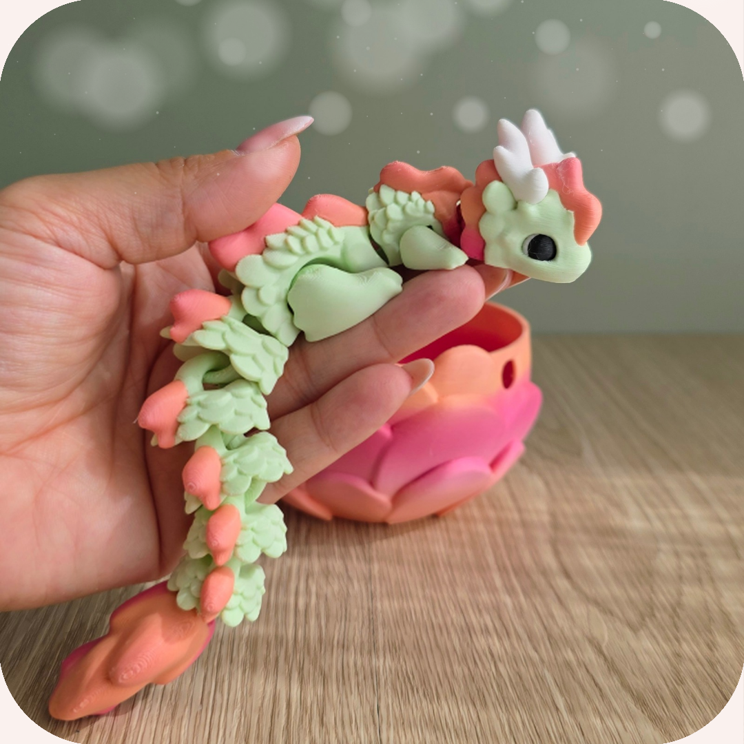 Figurine bébé dragon 3D articulée, verte et orange