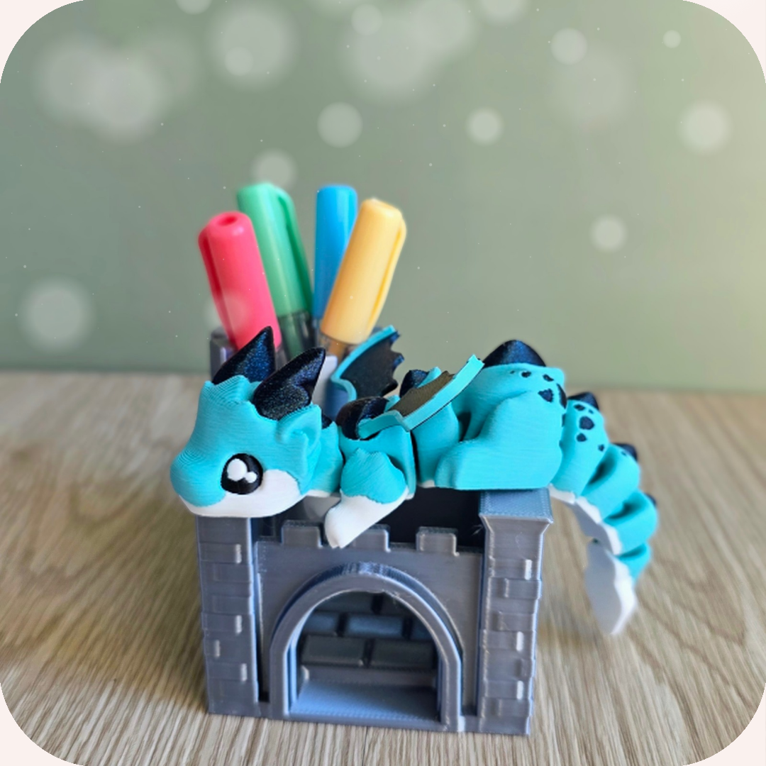 Figurine dragon bleu 3D et son château pot à crayons