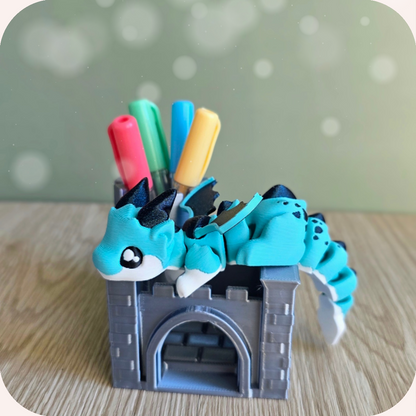 Figurine dragon bleu 3D et son château pot à crayons