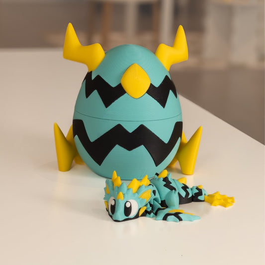 Dragon figurine 3D, dragon éclair kawaii, figurine articulée et son œuf imprimés en 3D à Cognac. 