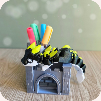 Figurine dragon noir 3D et son château pot à crayons