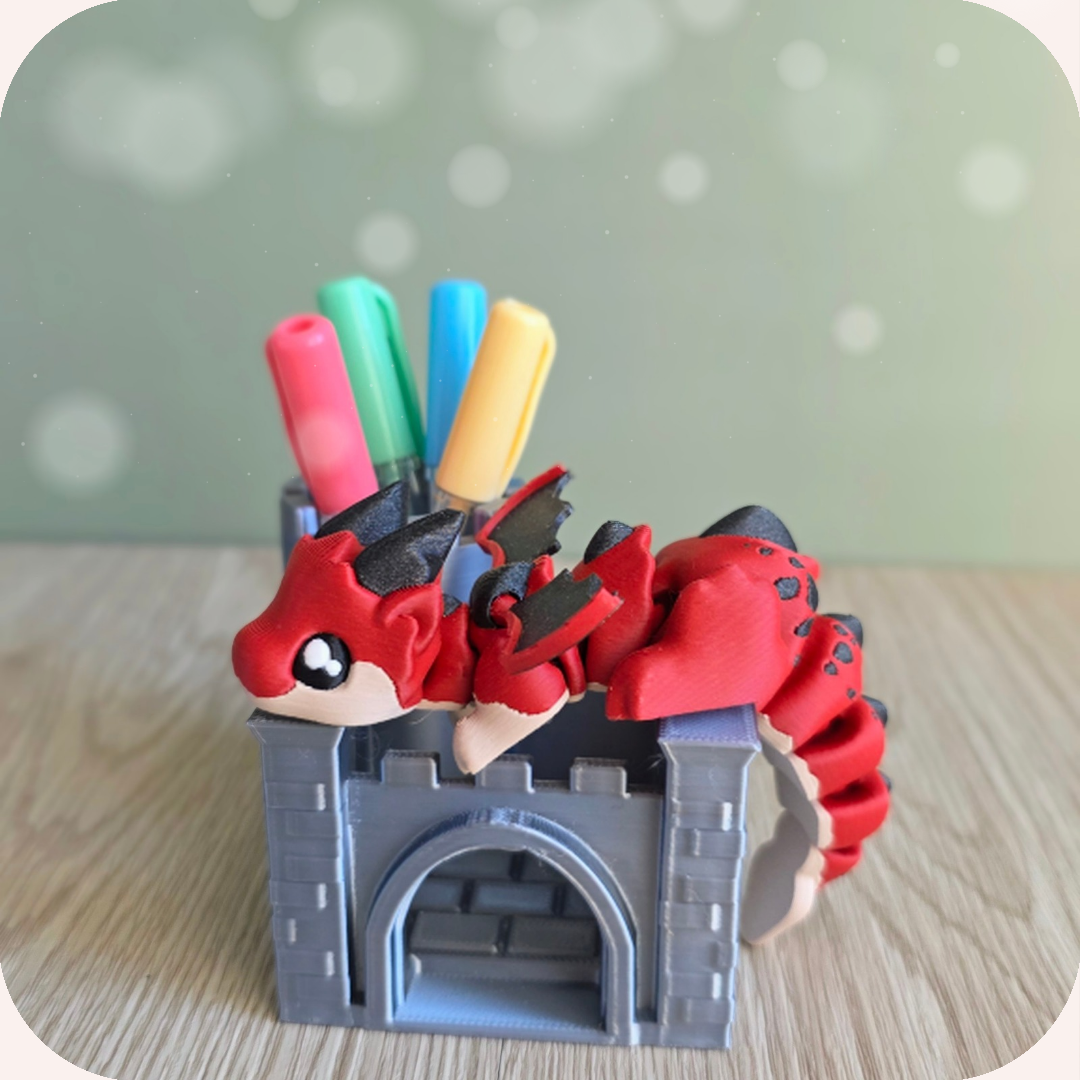 Figurine dragon rouge 3D et son château pot à crayons