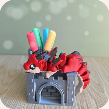Figurine dragon rouge 3D et son château pot à crayons