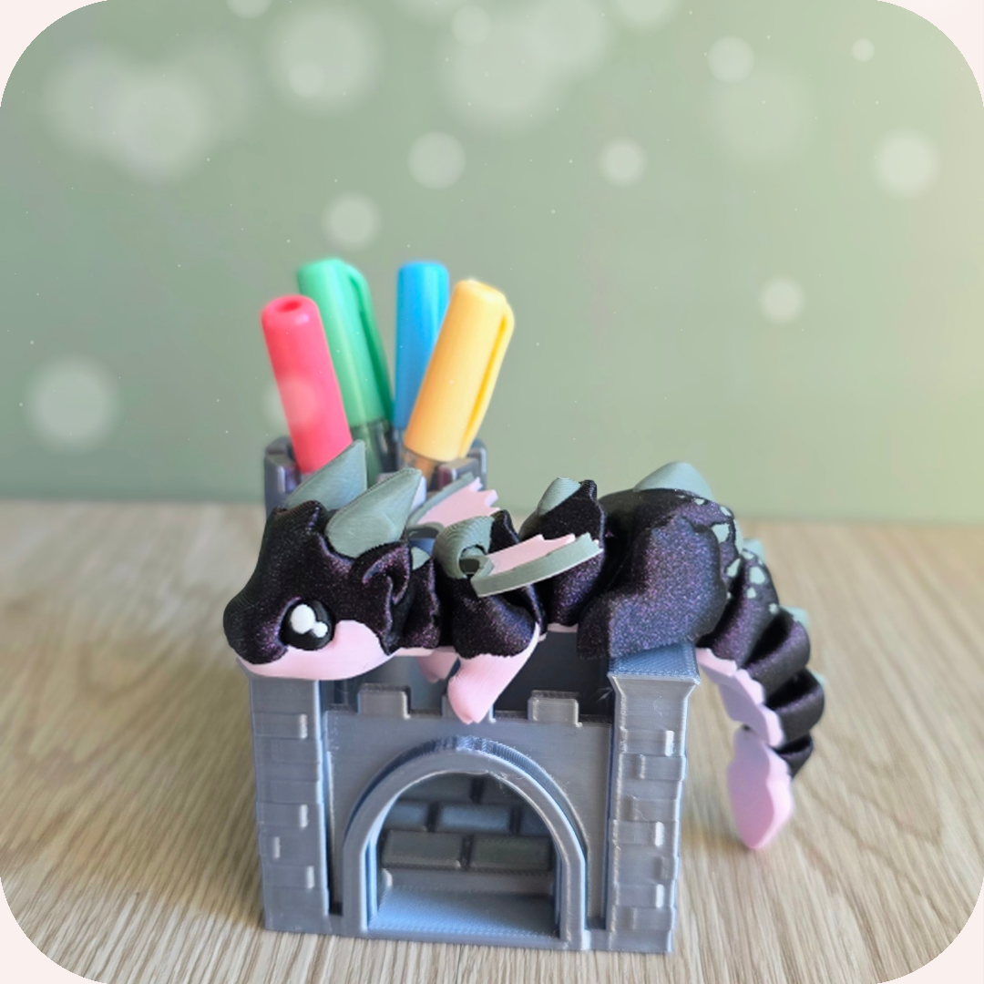 Figurine dragon 3D et son château pot à crayons