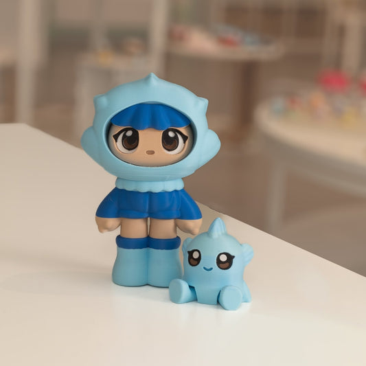 Figurine poupée kawaii imprimée en 3D, bleu