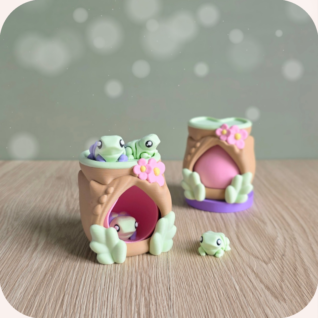 Figurines 3D grenouilles kawaii et leur maisonnette pastel
