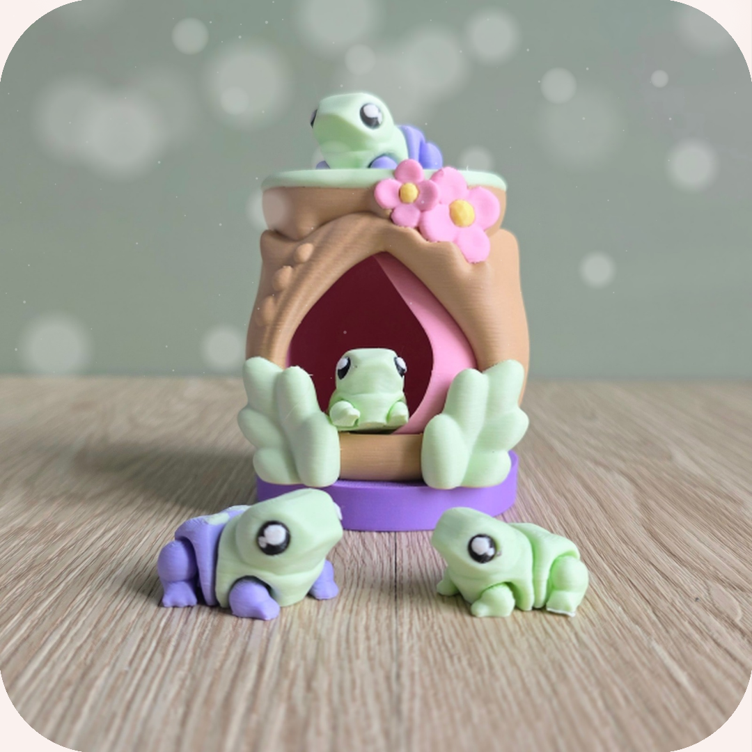 Figurines 3D grenouilles kawaii et leur maisonnette