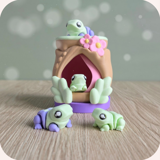 Figurines 3D grenouilles kawaii et leur maisonnette
