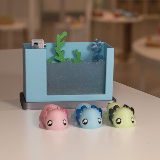 Figurines axolotl kawaii et aquarium. Imprimés en 3D à Cognac