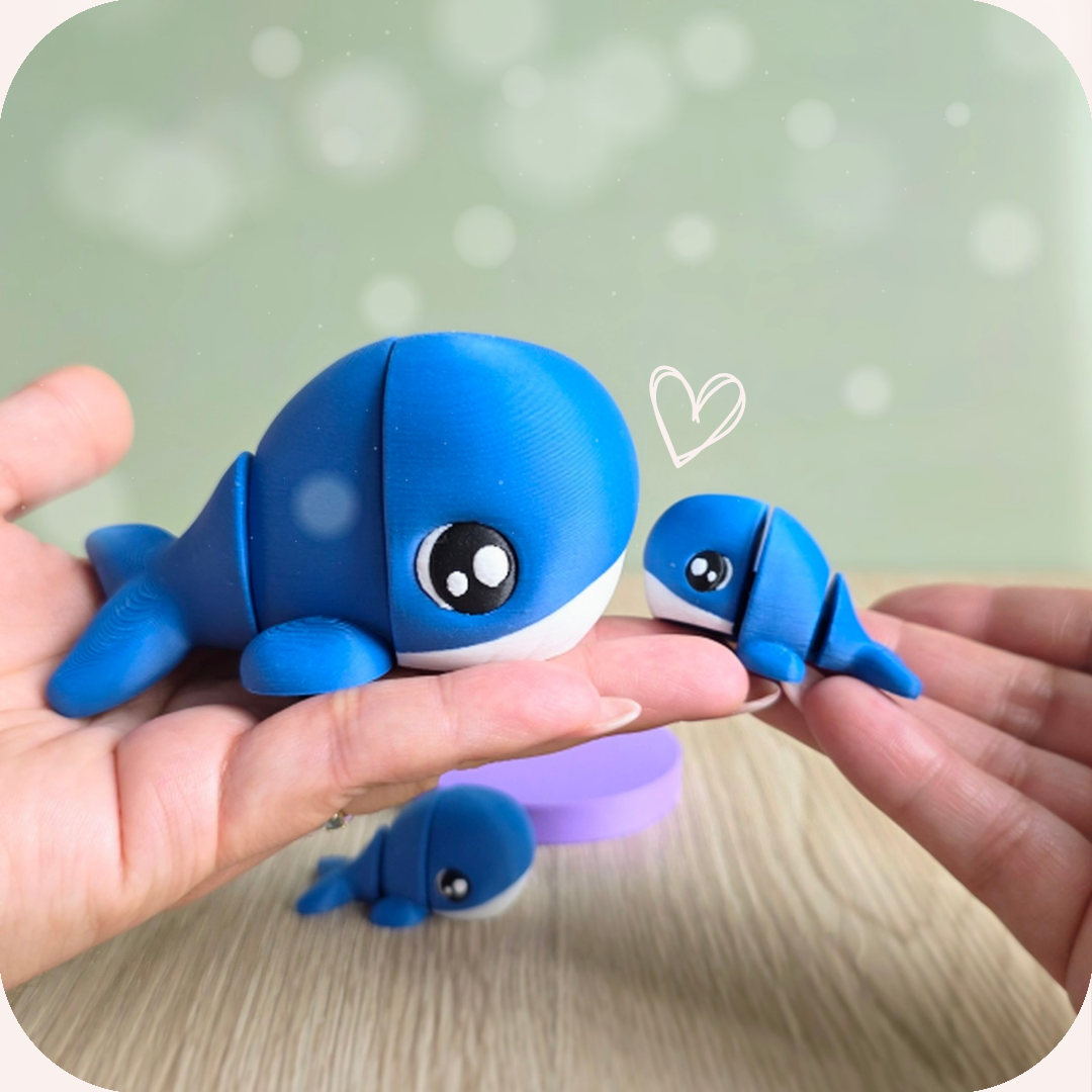 Figurines famille baleines kawaii, imprimées en 3D
