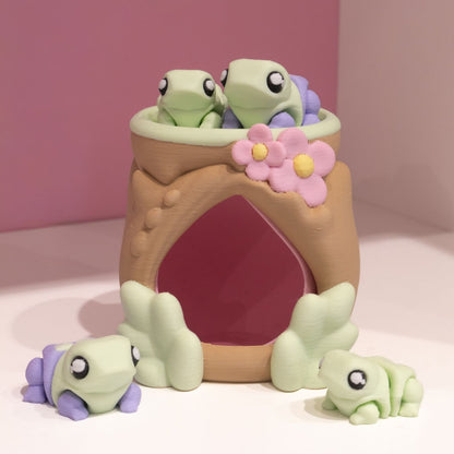 Figurines grenouilles kawaii et leur maisonnette. Imprimées en 3D à Cognac