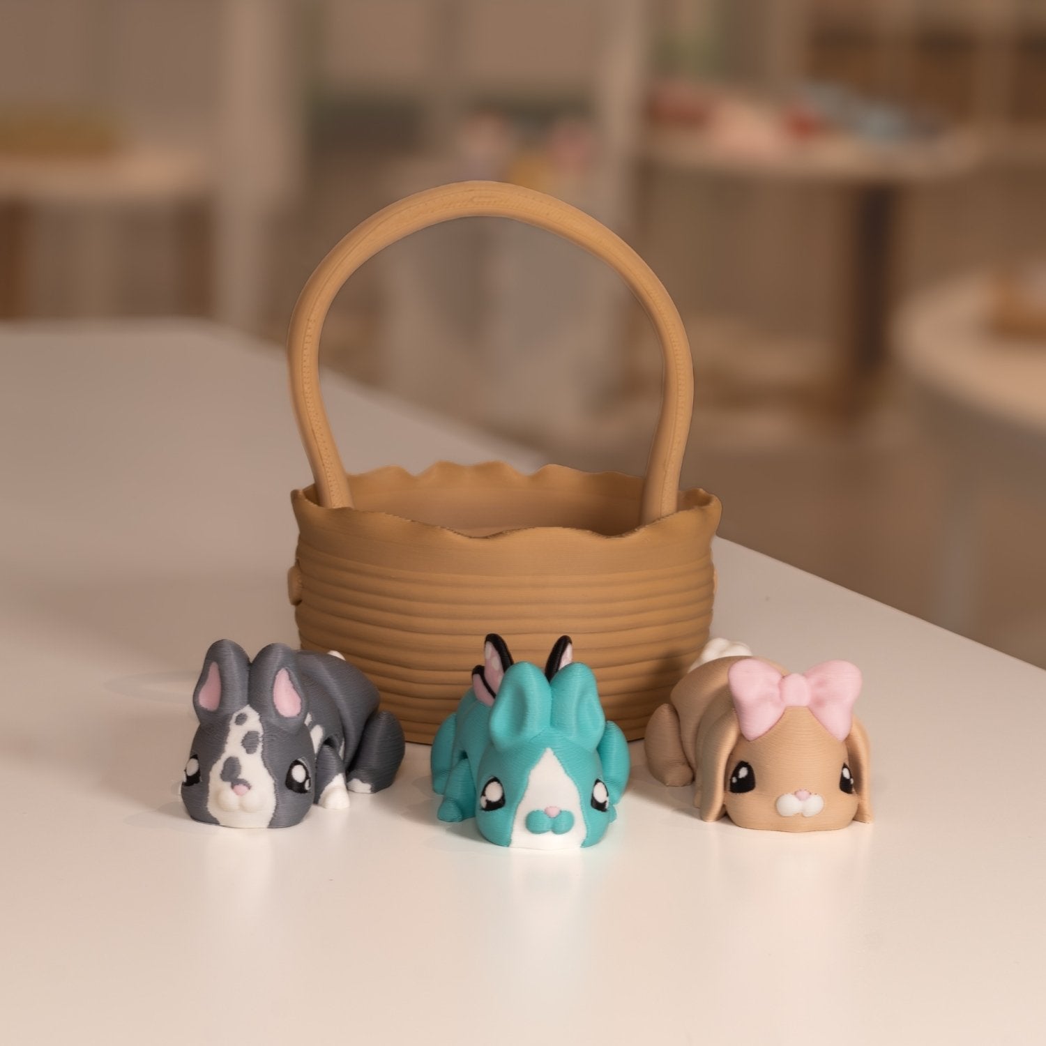 Figurine lapins kawaii et panier. Figurines articulées imprimée en 3D à Cognac. 