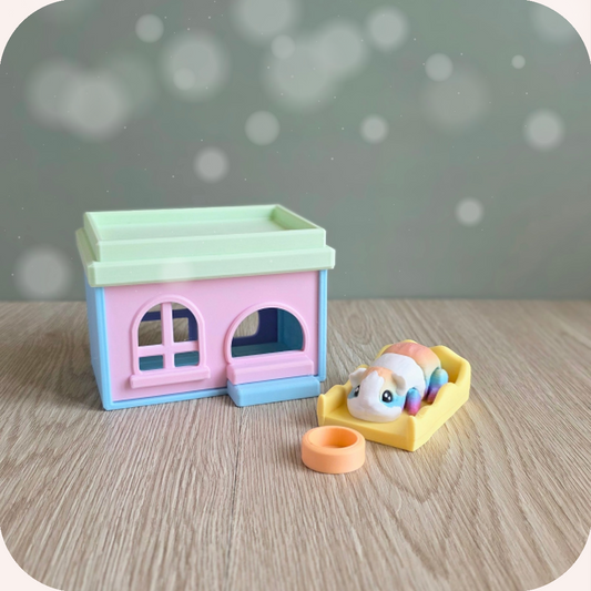 Maisonnette imprimée en 3D et sa figurine cochon d'inde kawaii